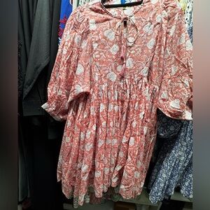 COTTON Pink Tiered Ruffled Mini Sundress with Bishop Sleeves